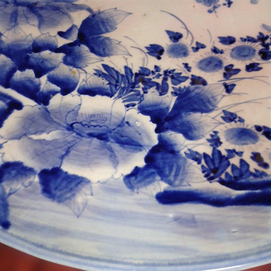 レトロヴィンテージ大皿、サイズ46センチ青い花と鳥の陶器プレート