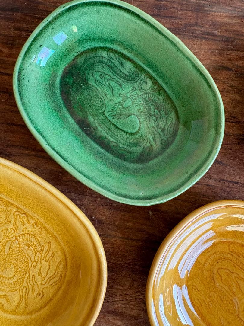 値下げ依頼対応　珉平焼　希少　龍紋　楕円皿　４枚セット　緑１枚　黄３枚