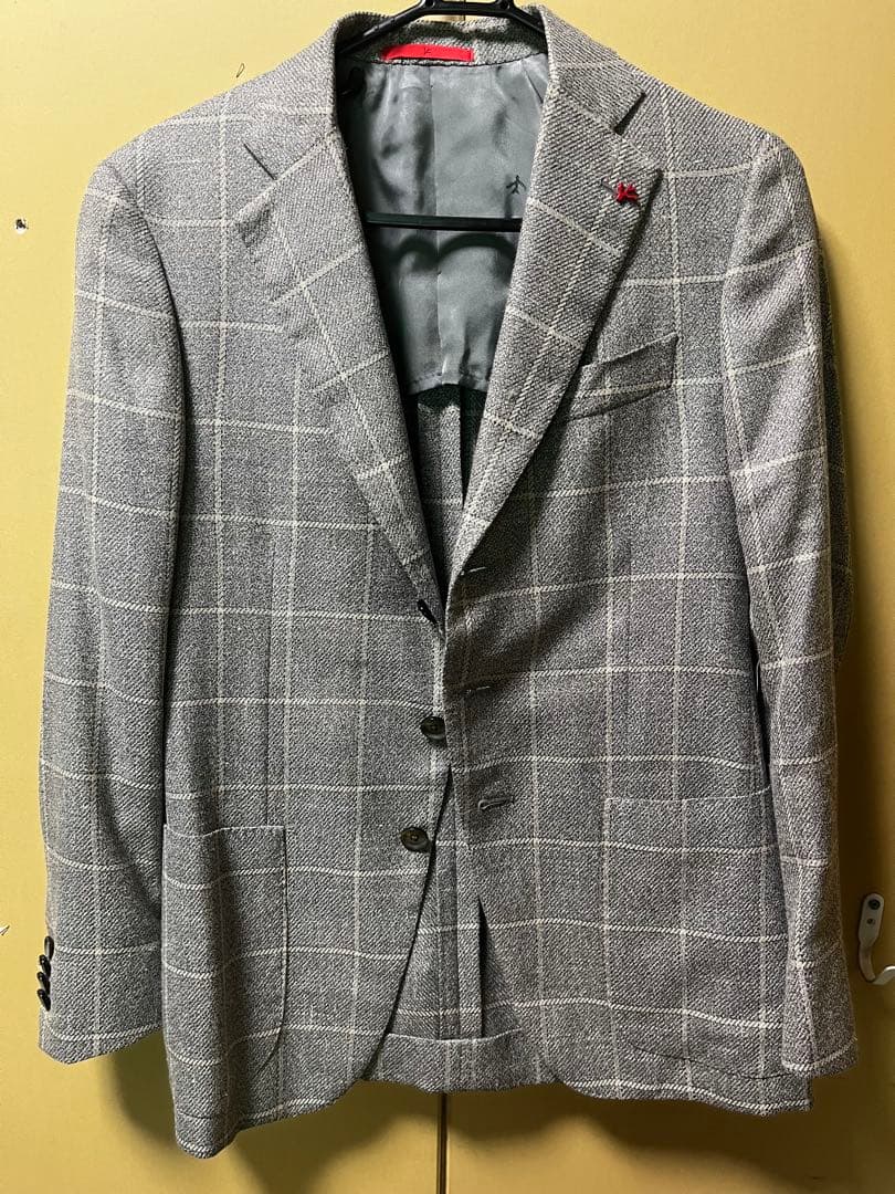 【美品】ISAIA イザイア　グレー　チェック　ビジネスジャケット　44 8C