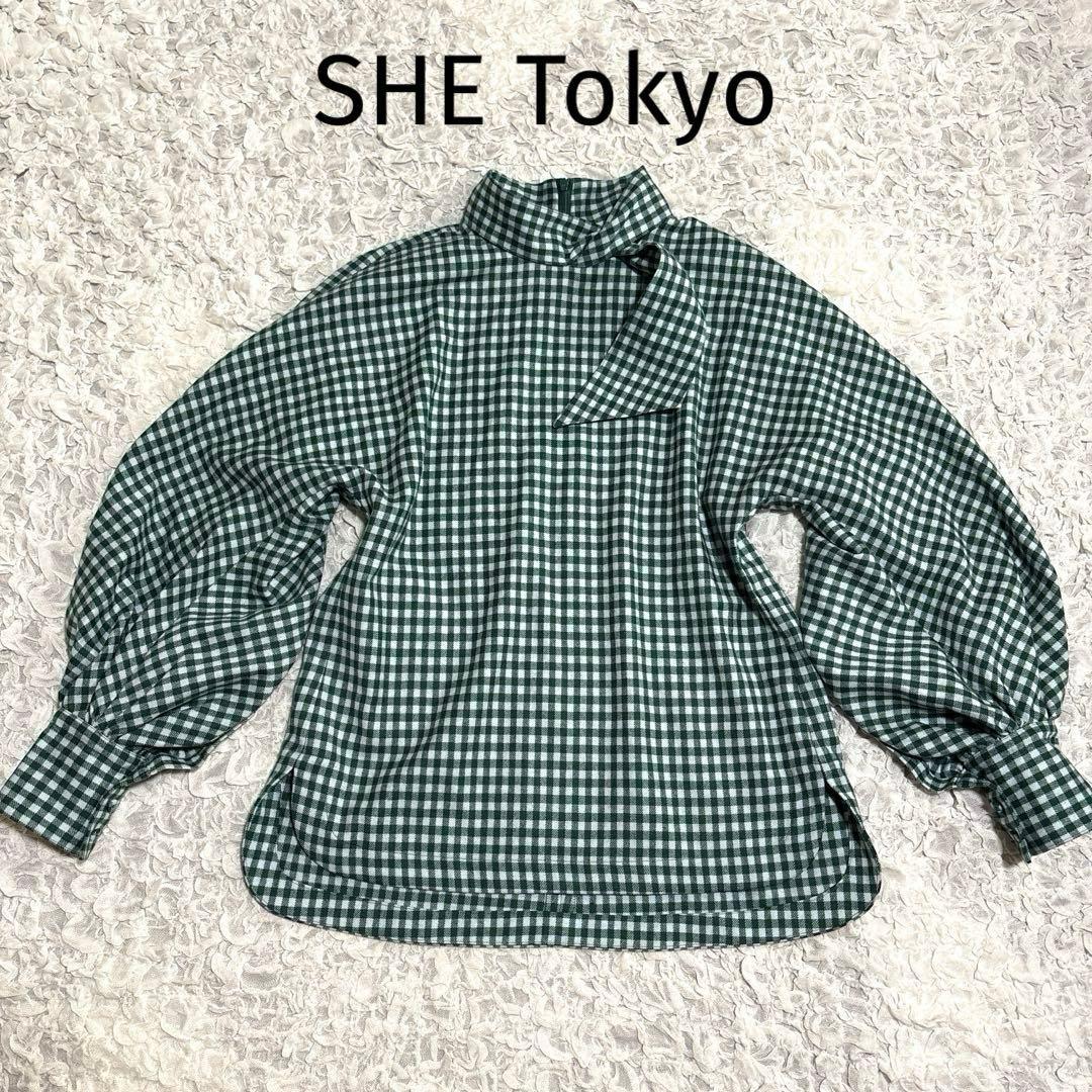 美品　SHE Tokyo カシミヤ混 ボリュームスリーブ ブラウス ボウタイ　F