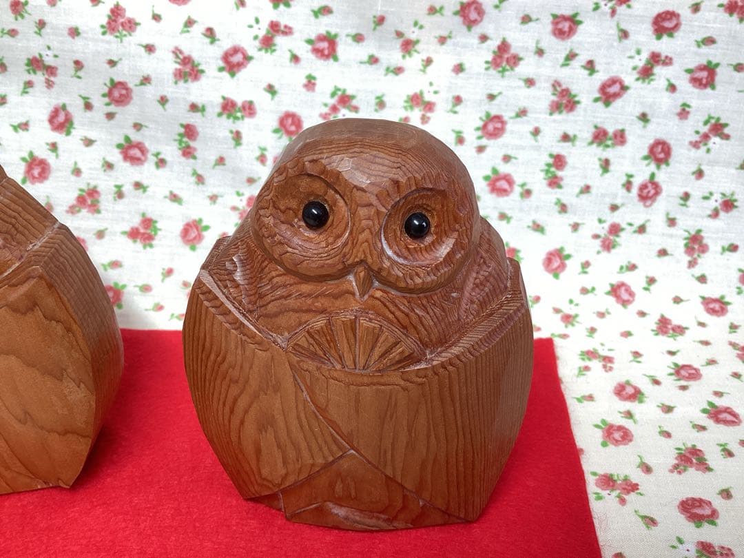 【未使用】フクロウ　木彫り　置物　一刀彫　イチイ　木製　雛人形　ふくろう　日本製