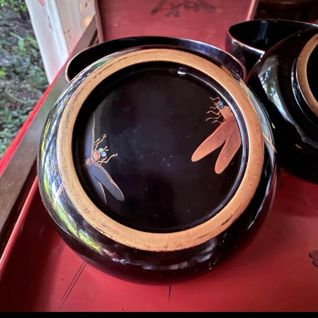 Ｂ様へ感謝お嫁入り‼️レアなかげろふJAPAN螺鈿蒔絵『蜻蛉＆菊＆木蓮上黒持椀4客