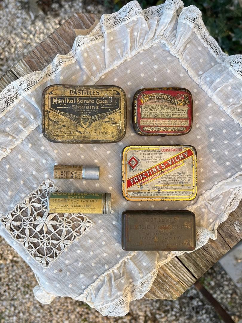 ◆フランスアンティーク｜希少100年前ティン缶ブリキアルミサビ小さいピルケース薬