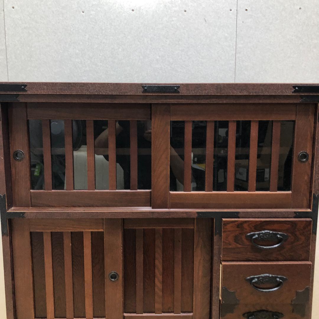 けやき民芸 90飾棚 和風 レトロ家具 ガラス戸付き 食器棚 　250720-6