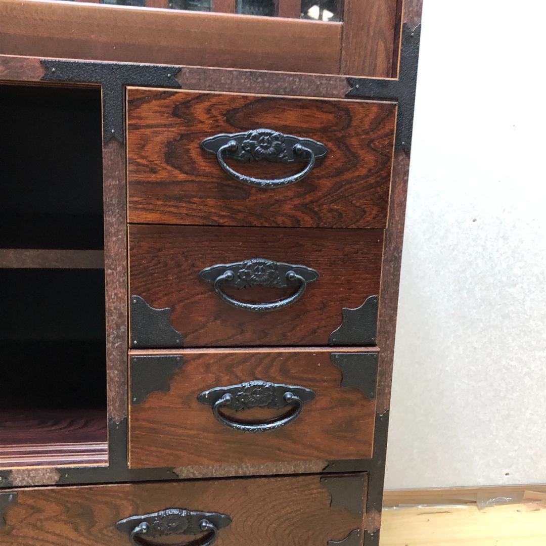 けやき民芸 90飾棚 和風 レトロ家具 ガラス戸付き 食器棚 　250720-6