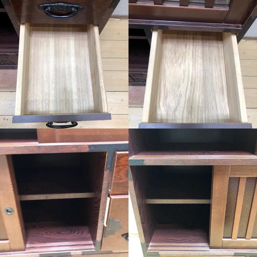 けやき民芸 90飾棚 和風 レトロ家具 ガラス戸付き 食器棚 　250720-6