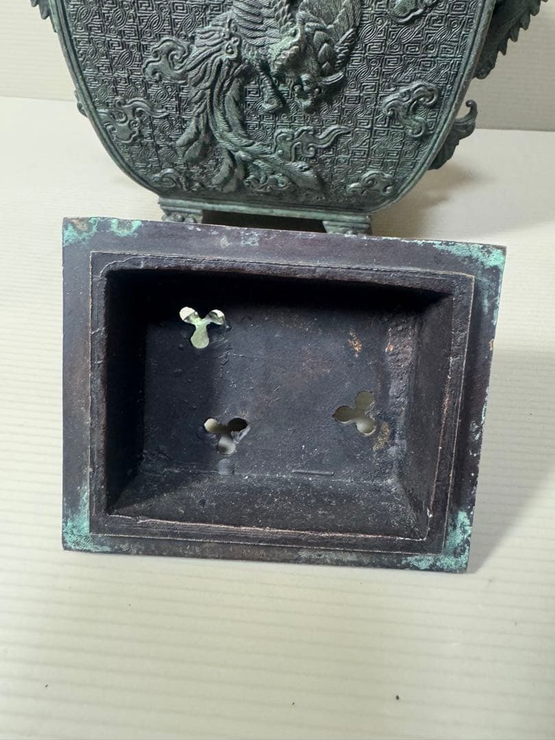 2136  高岡銅器 米田秀保造 獅子摘 龍鳳凰紋 四つ足 香炉