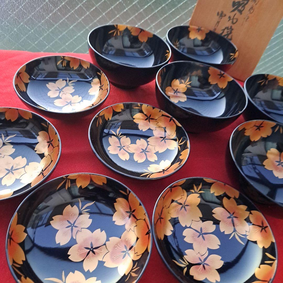 【輪島塗　吸物椀×5客】布着本堅地　雪月花\"蒔絵　朝信作　未使用/長期保管品