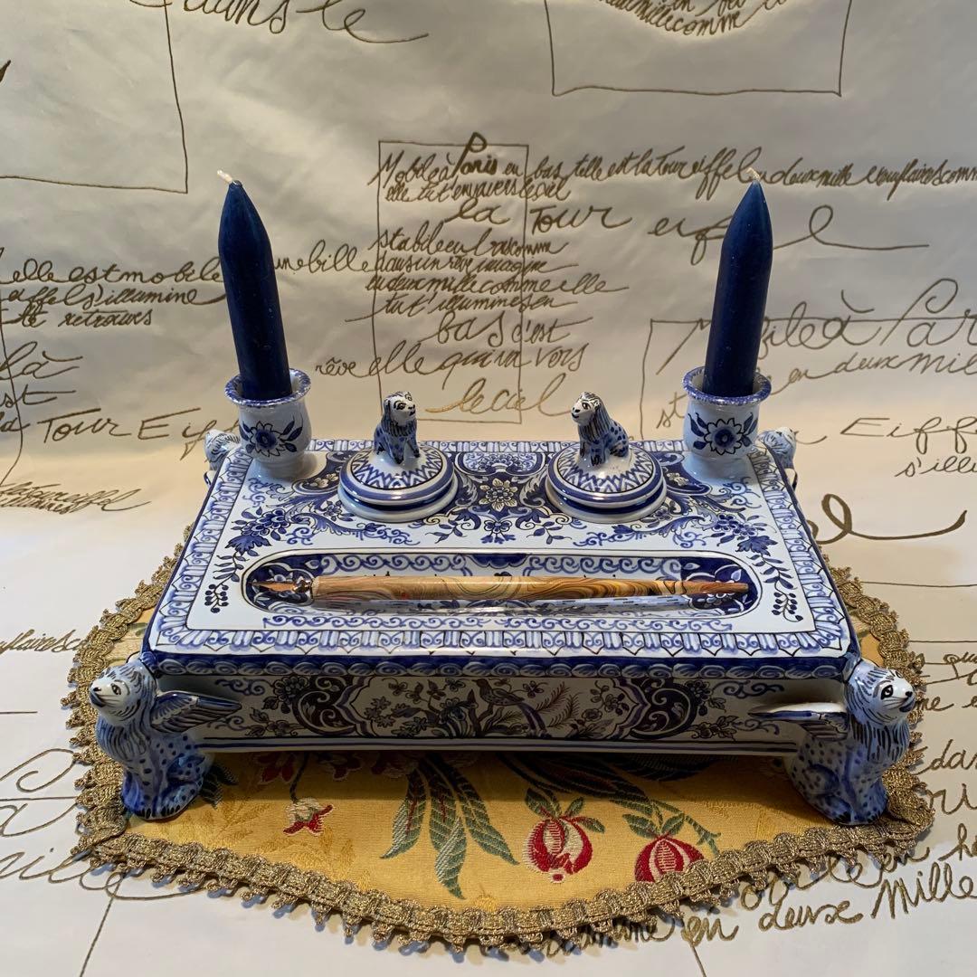 フランス製　破格！ビンテージのルーアン窯のローソク立て付きインク壺プレート！