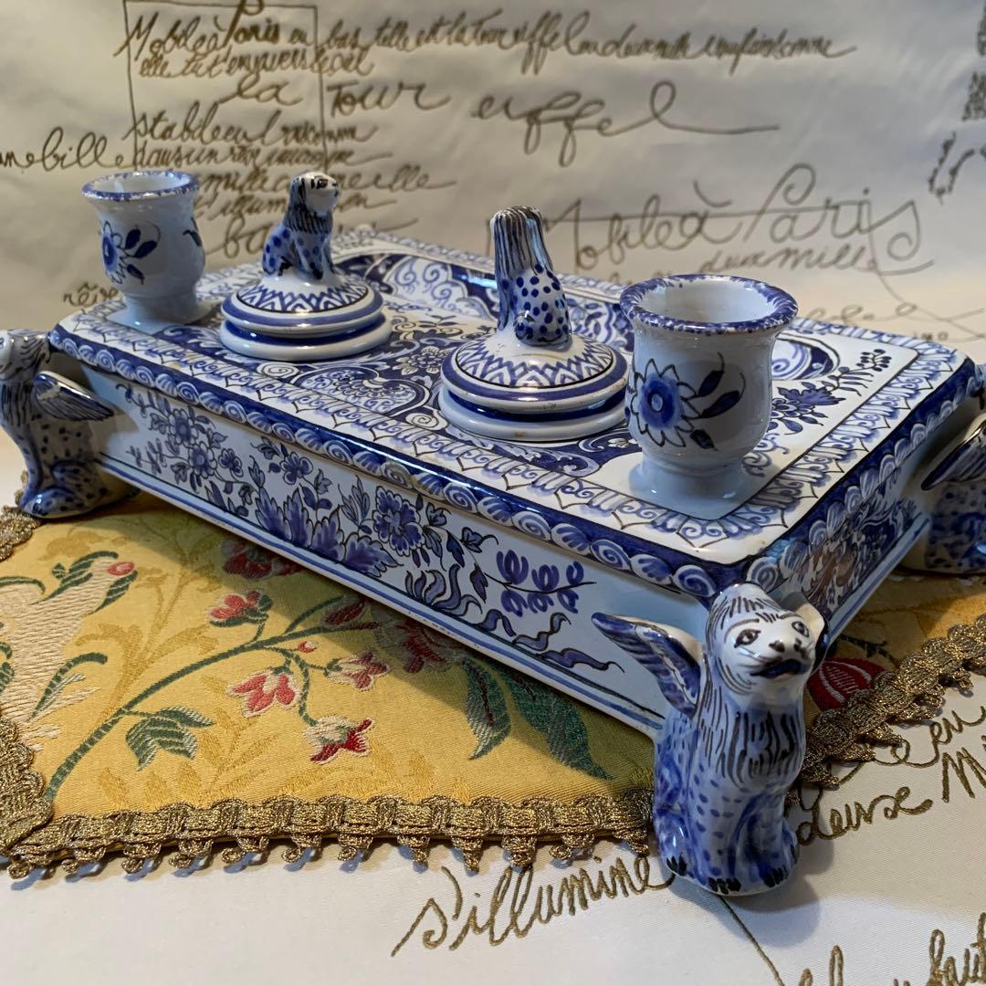 フランス製　破格！ビンテージのルーアン窯のローソク立て付きインク壺プレート！