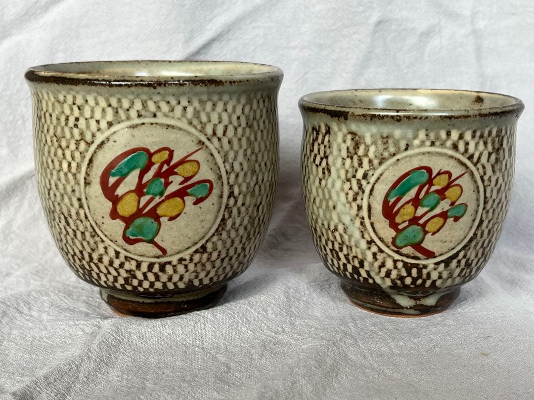 【未使用】島岡達三 益子焼 象嵌赤絵夫婦湯呑 ペア