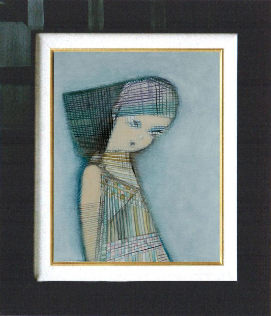 油絵 菅家令子 絵 絵画インテリア額付(青緑＋金色の枠) F4-071312女性