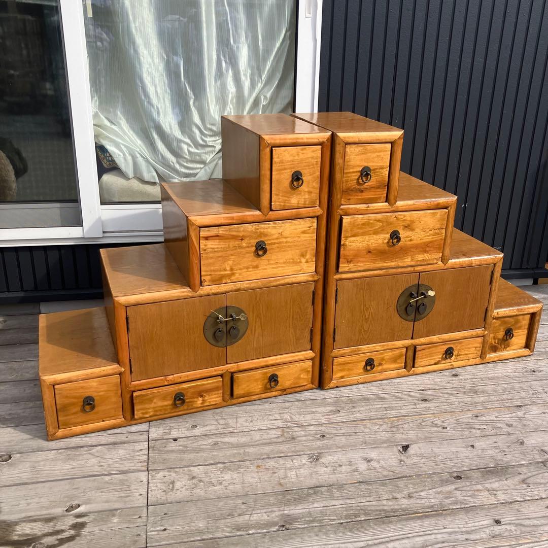 ① 昭和レトロ 中国古典家具 木製 階段箪笥 サイドボード 古家具 ビンテージ