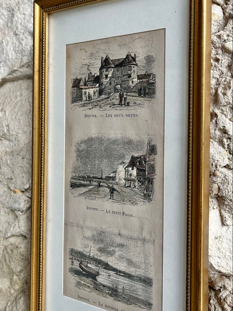 ◆フランスアンティーク｜版画田舎の暮らし風景ノルマンディー絵画額フレーム壁掛け