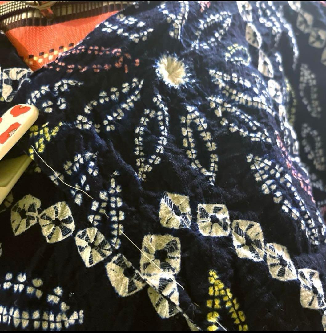 有松鳴海絞り 華やか 菊葉 手蜘蛛絞り 一部しつけ付き 手縫い濃紺 美品