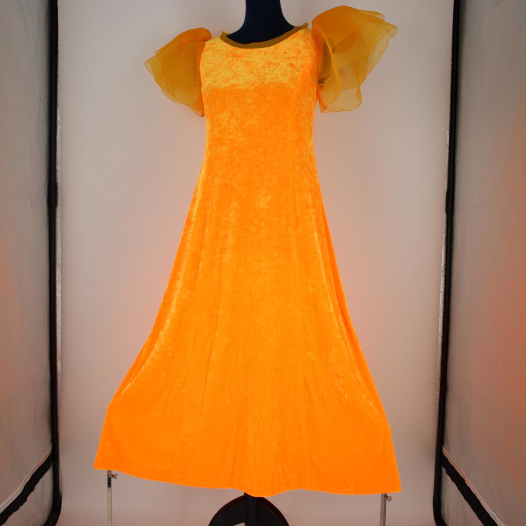 【フラダンス用衣装 ベロアドレス】光沢艶有り オレンジ オーガンジーフリル付き