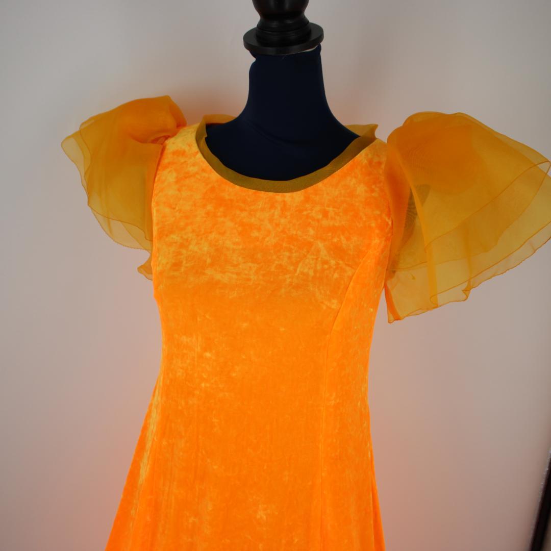 【フラダンス用衣装 ベロアドレス】光沢艶有り オレンジ オーガンジーフリル付き
