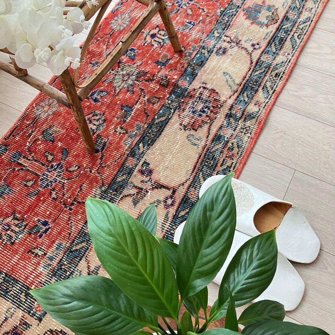 レッド53×163フローラル　ネイビー　ランナー　ロング　トルコヴィンテージラグ