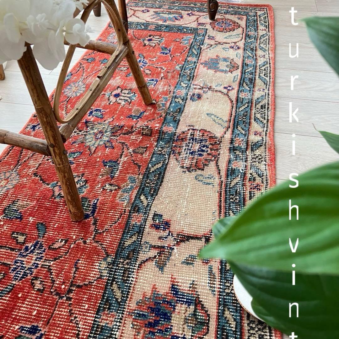 レッド53×163フローラル　ネイビー　ランナー　ロング　トルコヴィンテージラグ