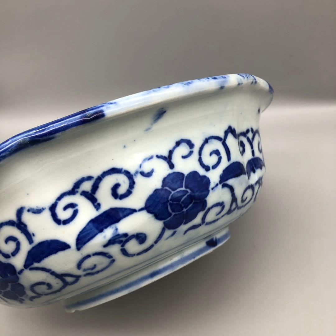 明治時代古伊万里ベロ藍蝶捻文印判手中押し鉢ボウル24cm伊万里焼骨董品