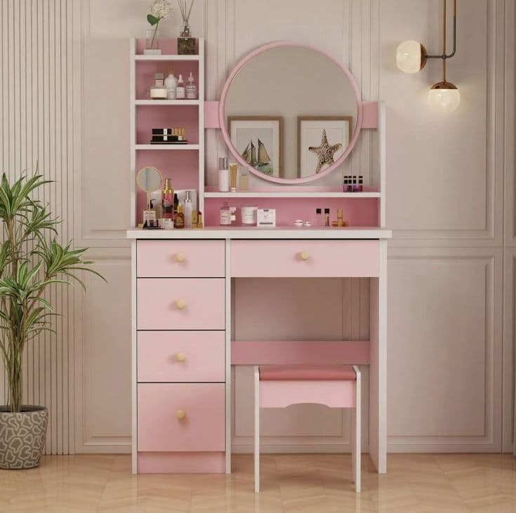 ピンク姫系ドレッサー 幅 80cm 円形ミラー 引き出し 5 杯 スツール付き