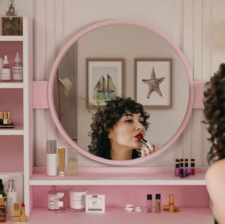 ピンク姫系ドレッサー 幅 80cm 円形ミラー 引き出し 5 杯 スツール付き