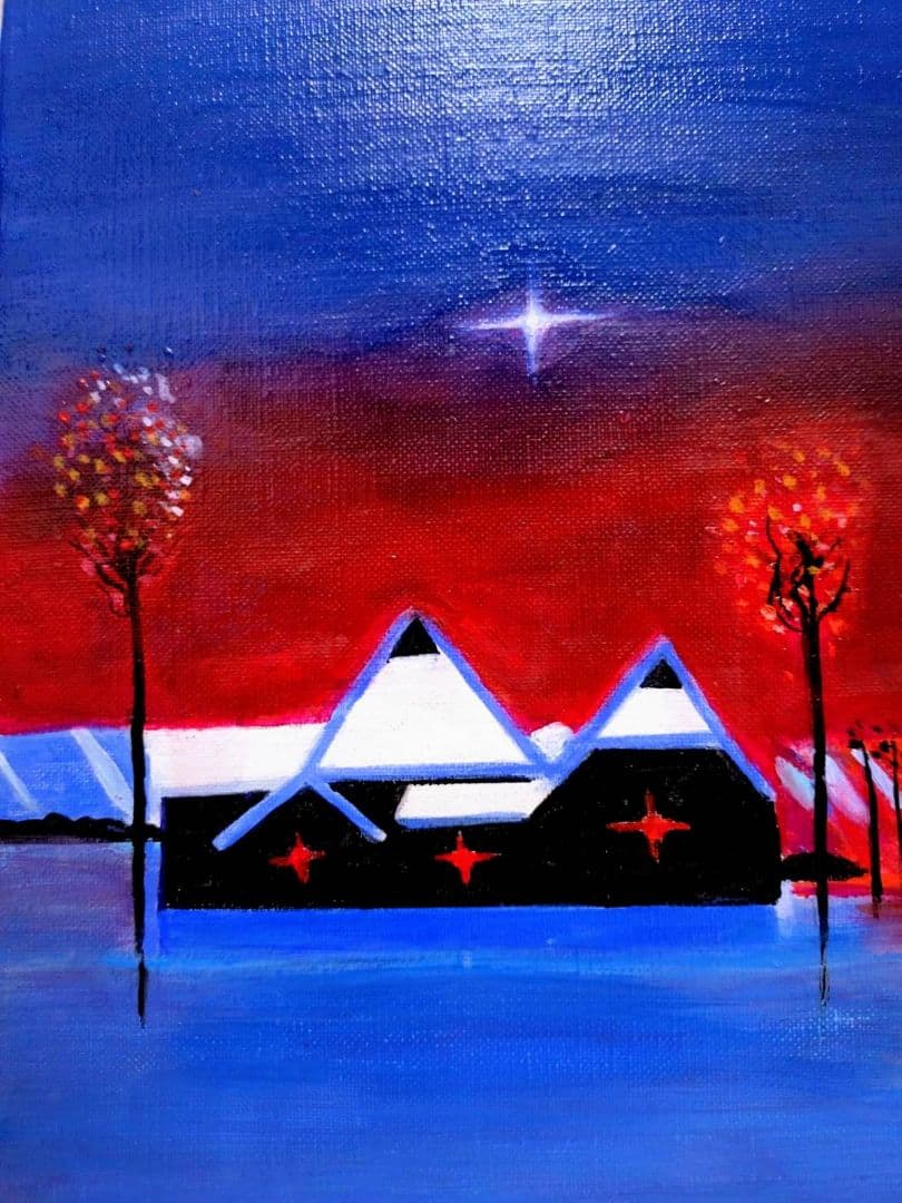 【F6号】斎藤真一【紅い陽の村】手描き作品/表裏サイン有/油彩/油絵/額縁/額装