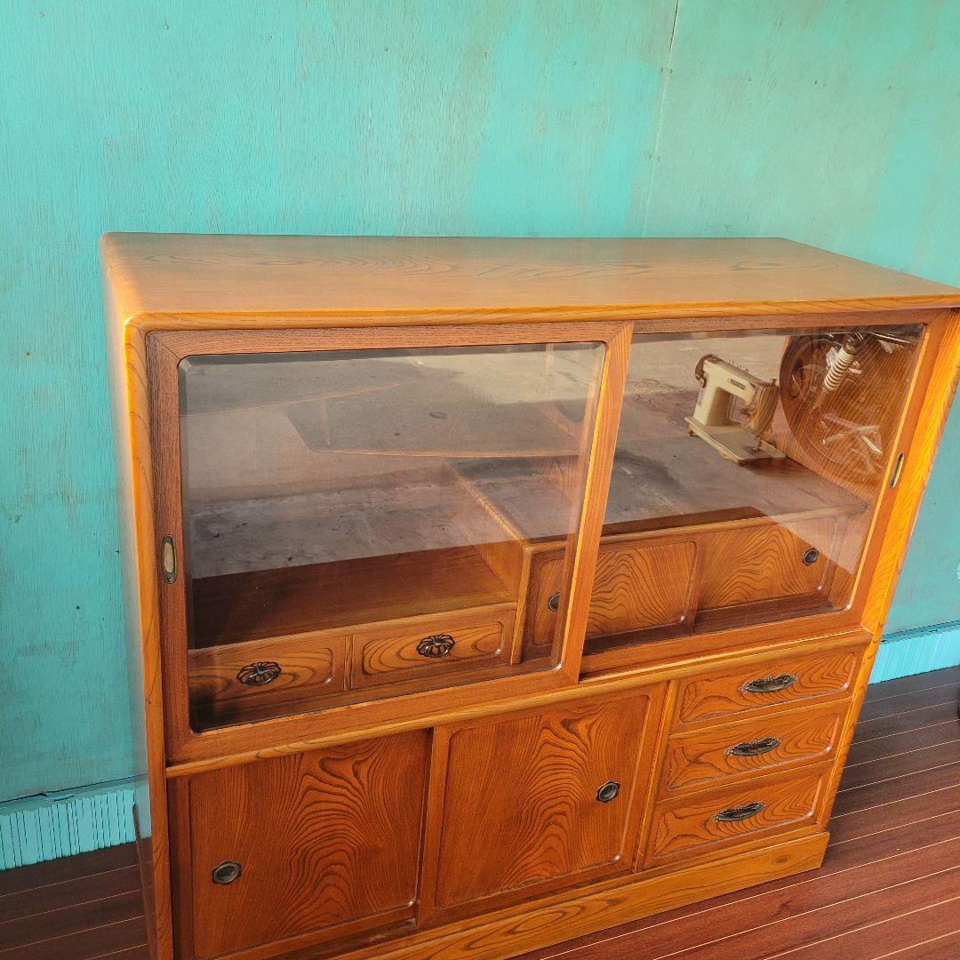 昭和レトロ 茶箪笥 水屋箪笥 ガラス戸収納棚 和家具 ヴィンテージ 店舗什器