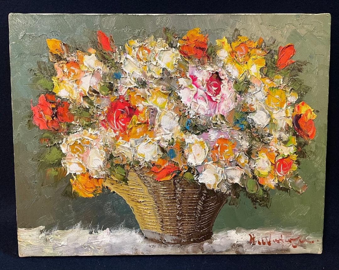 「真作」渡部ひでき「薔薇」静物画　油彩画　額装　サイン有り　F6号