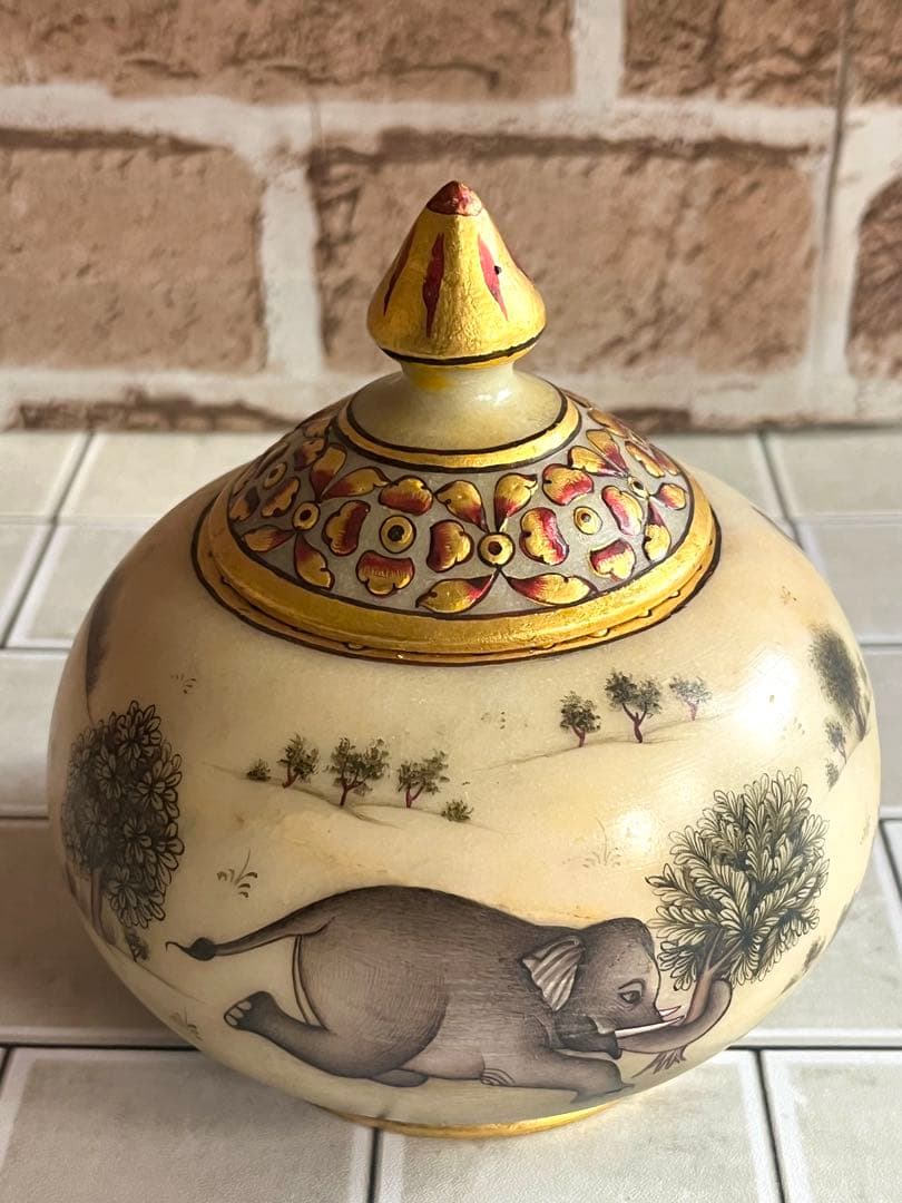 定価25,000円 手描き 象細密図 大理石 小物入 金彩仕上げ マハラジャ様式