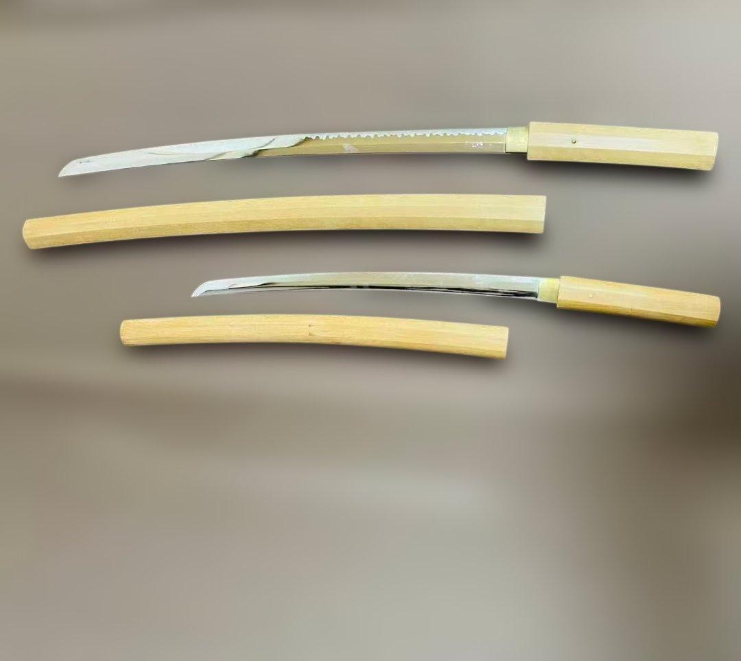 高級模造刀　白鞘　のたれ刃紋　2本セット　打刀　脇差　インテリア （刀7）