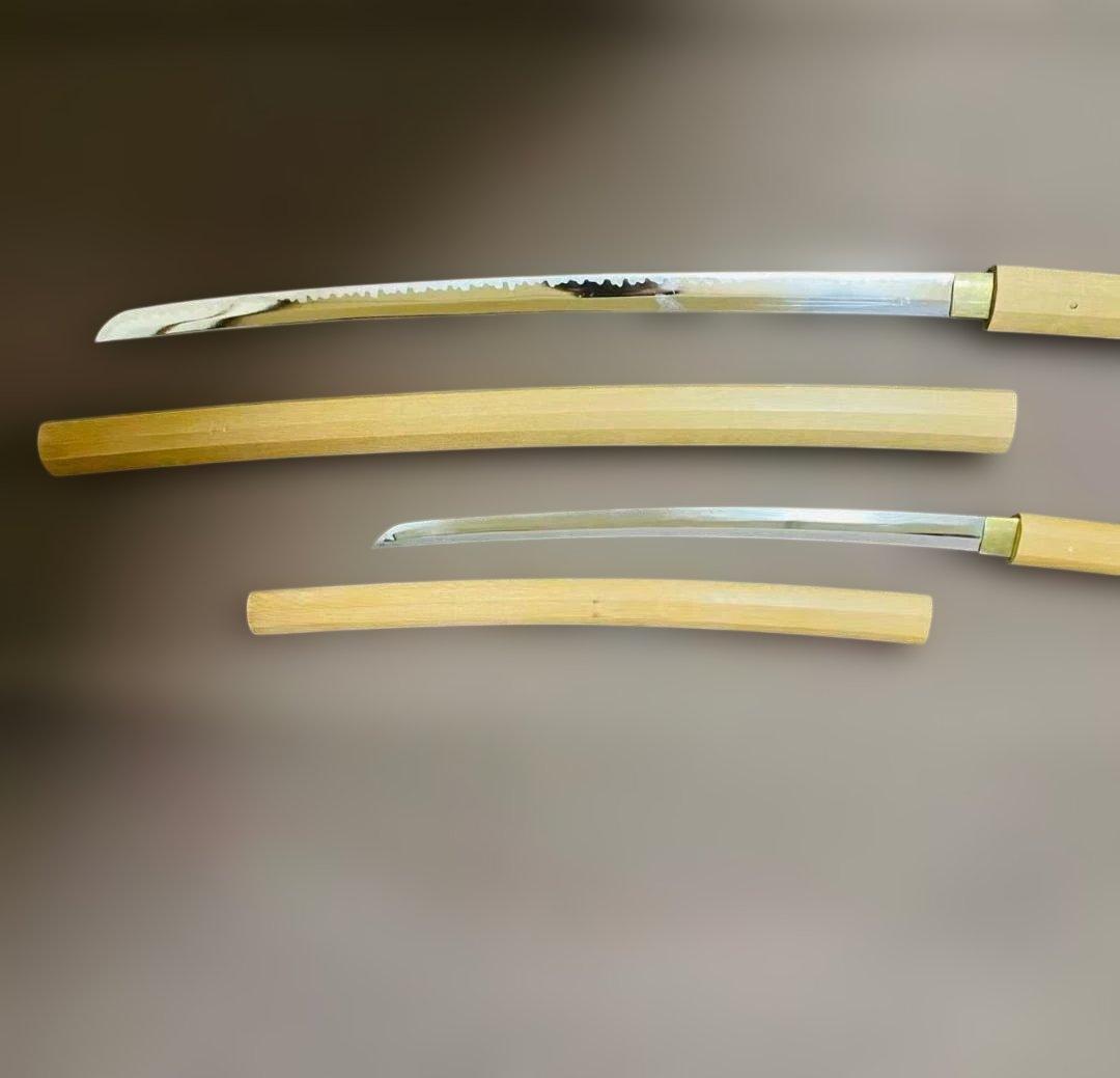 高級模造刀　白鞘　のたれ刃紋　2本セット　打刀　脇差　インテリア （刀7）