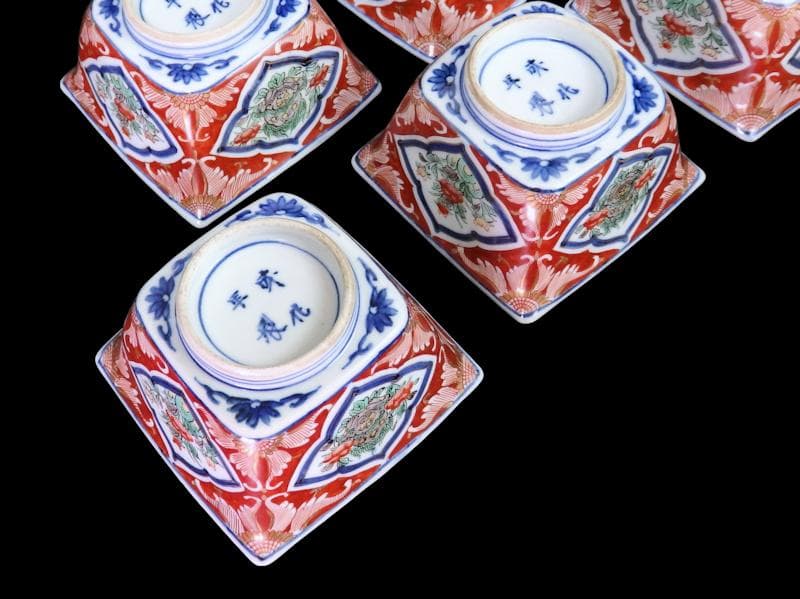 大聖寺伊万里　唐獅子牡丹の図　四方角向付　５客　N1114AS-CZy