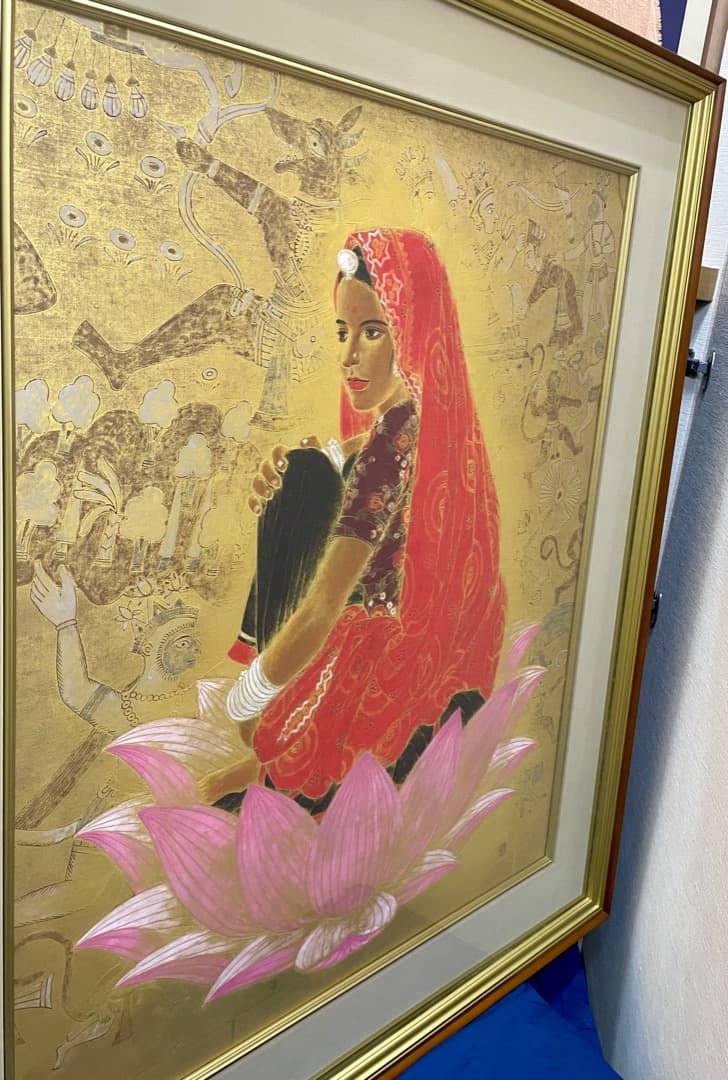 石踊紘一『パドマ (蓮華)』30号 油彩 日本画 額装済み インド美人 蓮の花