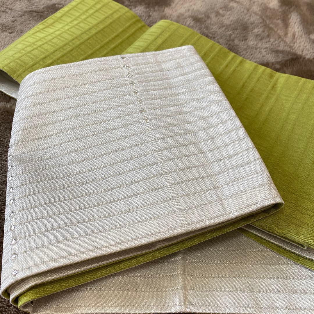 リバーシブル半幅帯 緑と白のストライプ