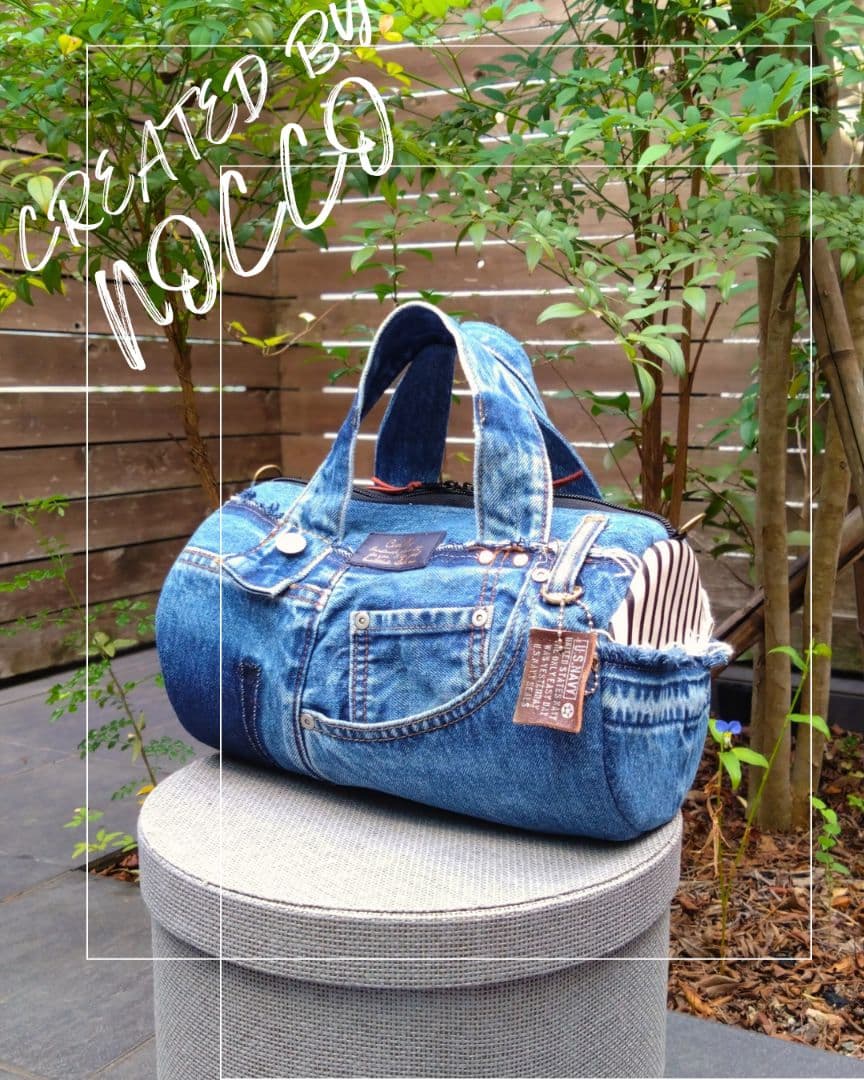 専用❕️№768【DENIM❌️ドラム缶型ボストンバッグ♥】デニムリメイクバッグ