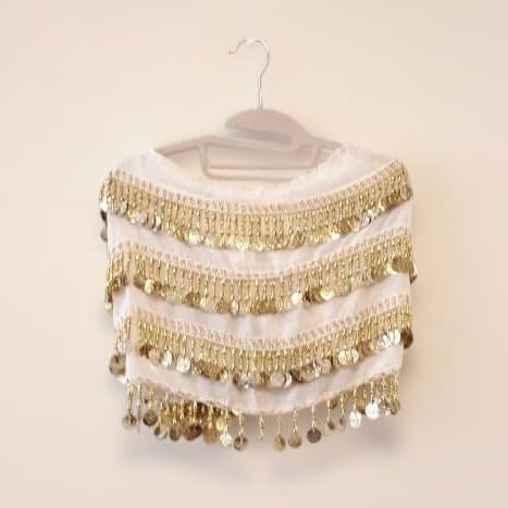 エジプト製 ベリーダンス長方形ヒップスカーフ 白×ゴールド