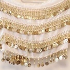 エジプト製 ベリーダンス長方形ヒップスカーフ 白×ゴールド