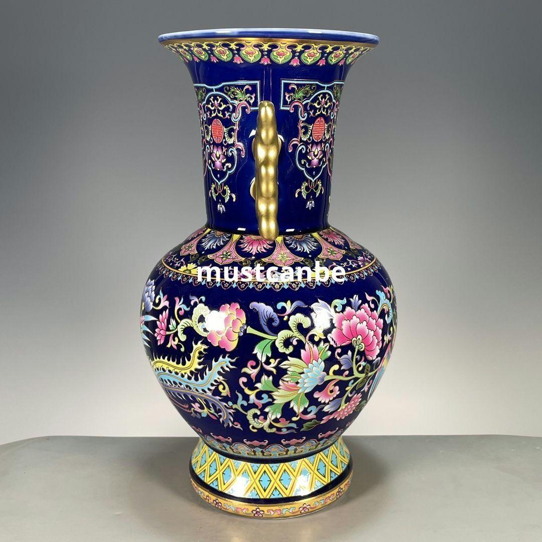 琺瑯彩藍釉鳳穿牡丹両耳瓶 景徳鎮 陶磁器 装飾品 現代工芸品 美術品 置物