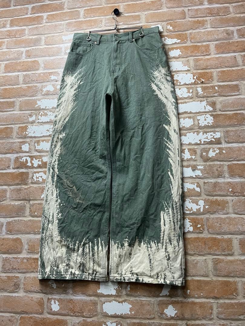 ブリーチデニム　デニム　バギーデニム　カーキ　ワイドデニム　y2k グランジ