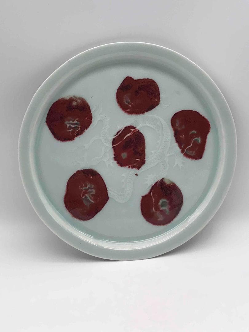元時代　白釉釉裏紅飛斑暗刻龍紋盤　古盤　皿　唐物　古賞物　(D-43)