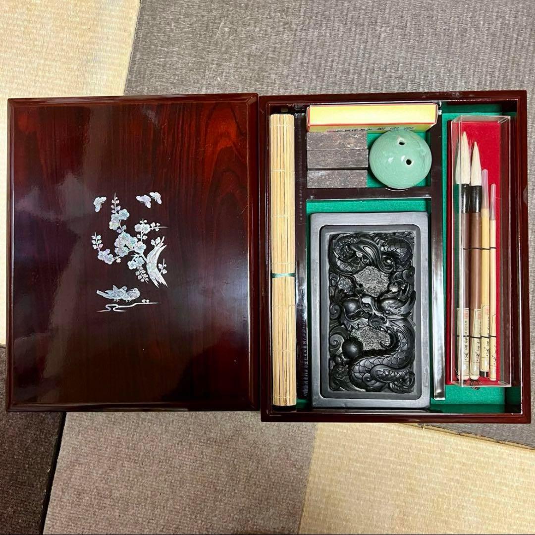 新品未使用 中国 書道具 成甫堂 青磁 上海 書道筆 中国筆 龍彫刻硯 水差し