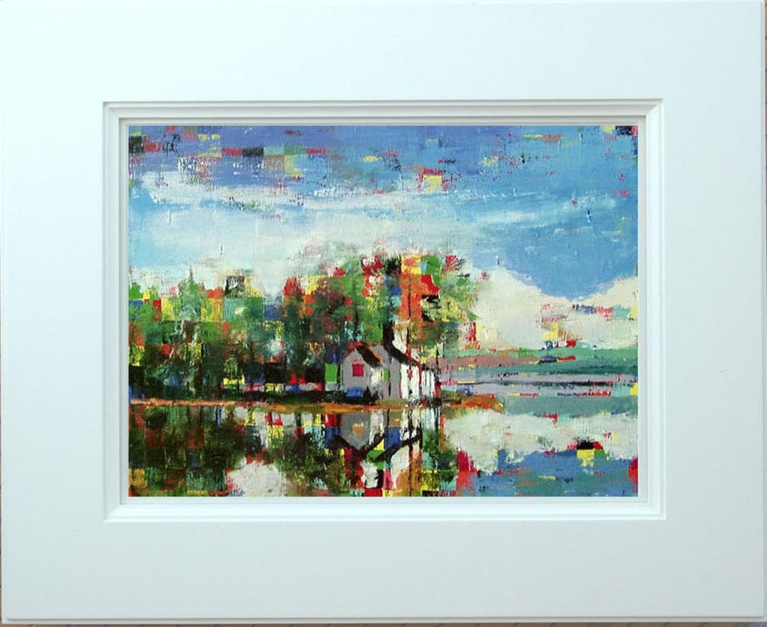 油絵 菅家令子 絵画インテリア額付(青緑＋金色の枠) uF6-062403 風景