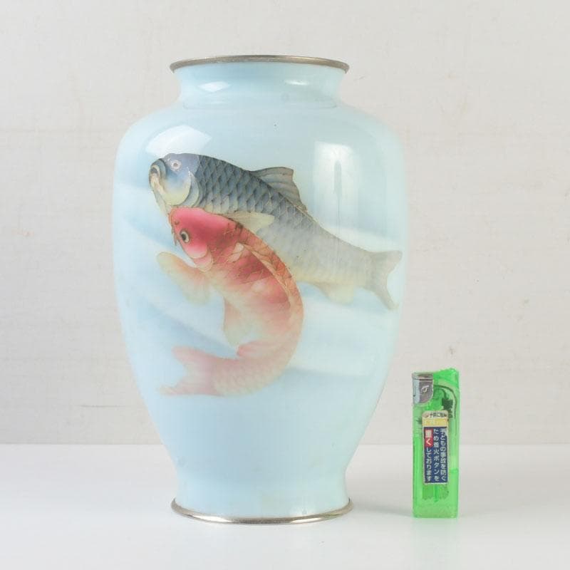 七宝焼　水色釉　双魚文　花瓶　V　9884