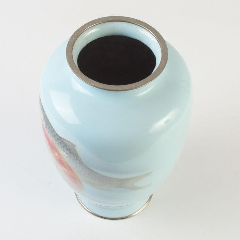 七宝焼　水色釉　双魚文　花瓶　V　9884