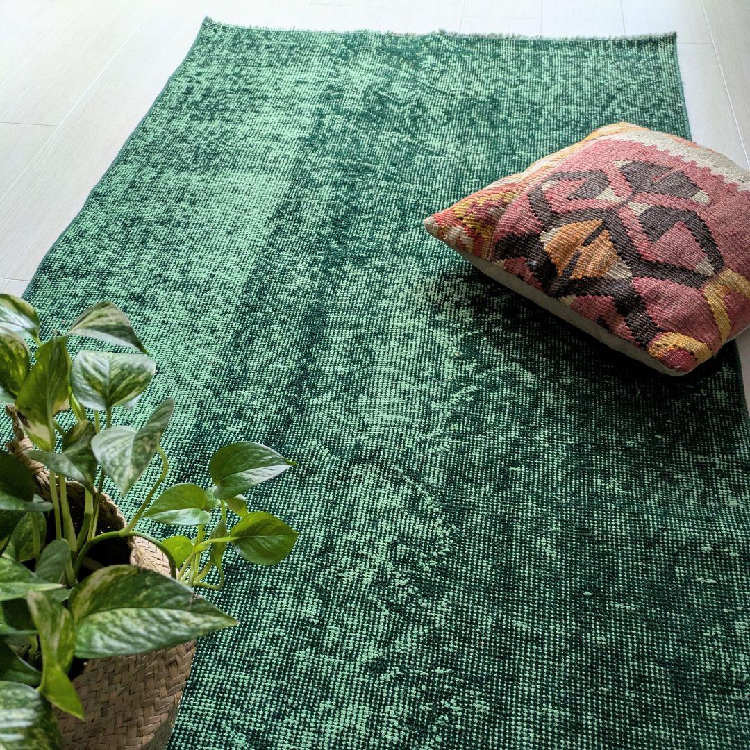 85×197 グリーンワンカラーオーバーダイ　トルコヴィンテージラグ