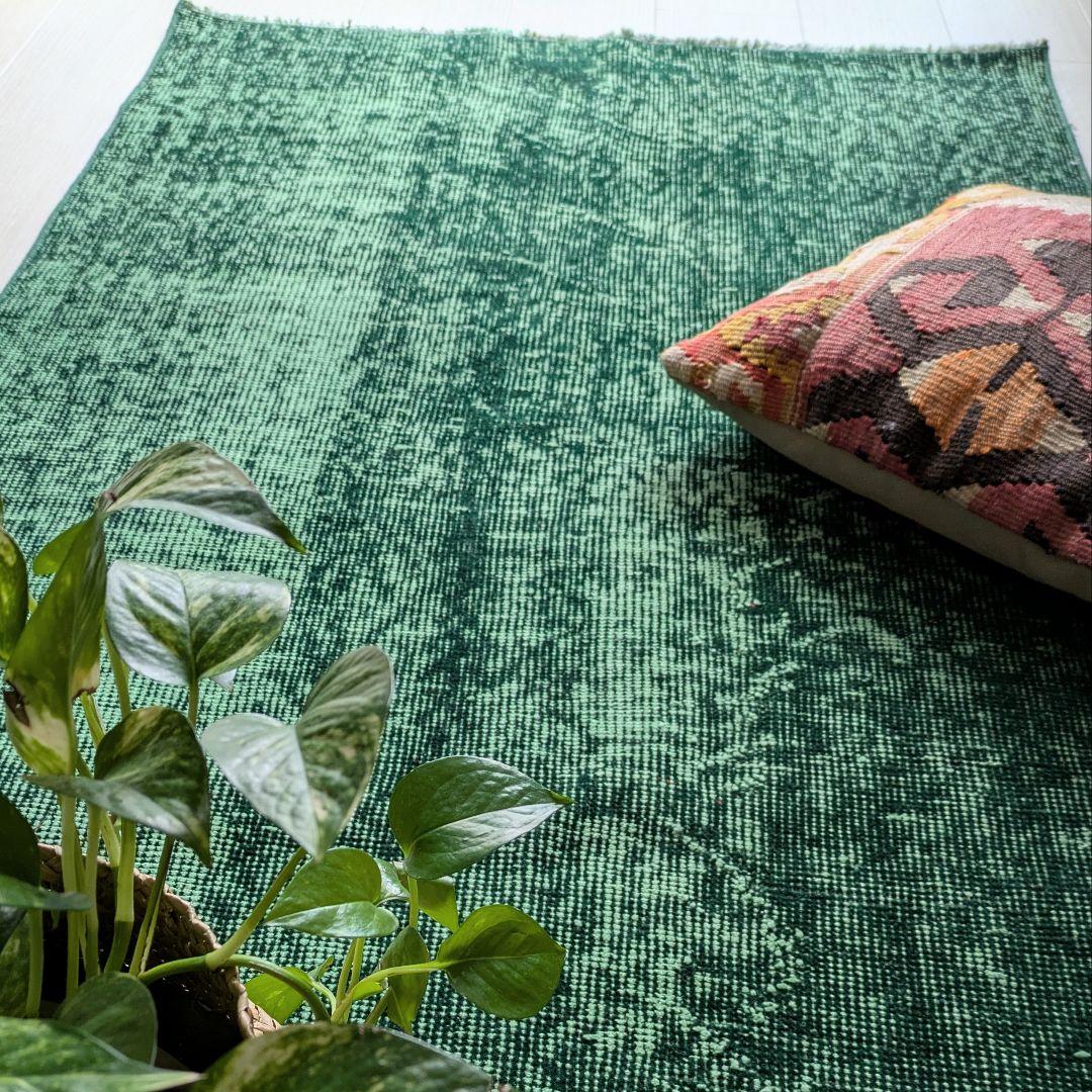 85×197 グリーンワンカラーオーバーダイ　トルコヴィンテージラグ