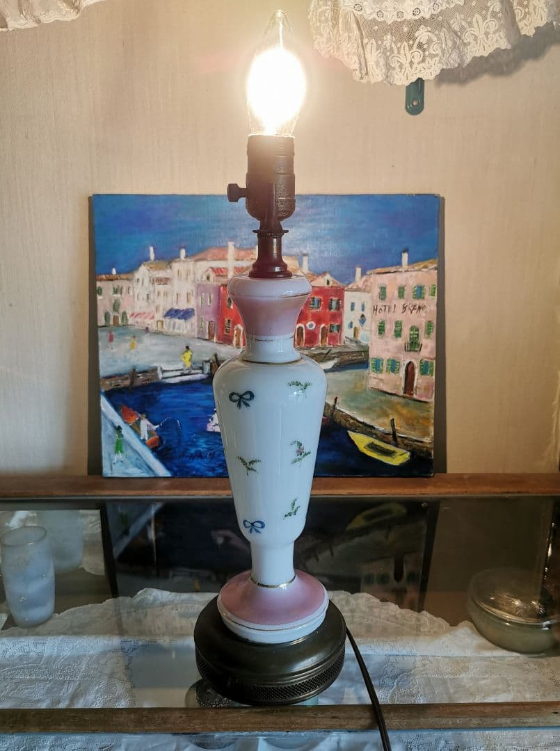 アンティーク ランプスタンド&電球 ハンドペイント 小花リボン手描きポーセリン