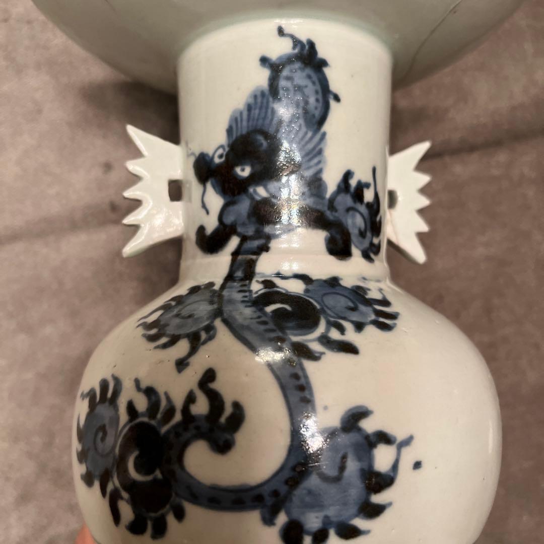 ビンテージ五ツメの青龍絵柄の陶器花瓶