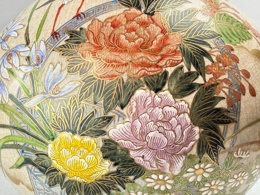 白薩摩 島津家 【丸十字薩摩】印 金彩色絵花鳥図 大花瓶 花器R7112315